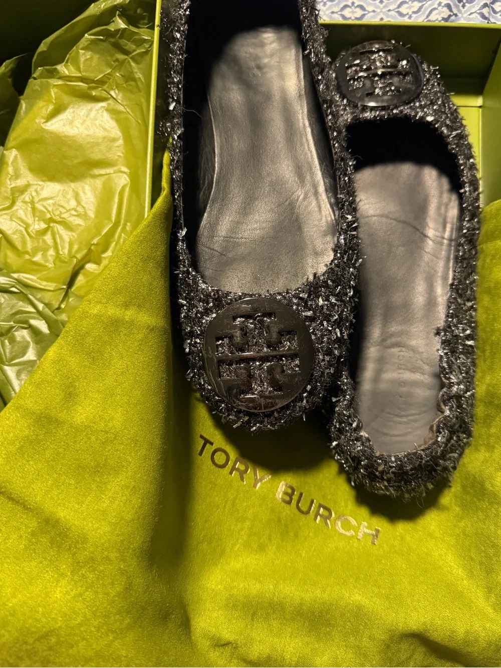 Tory Burch Black Textured Logo Ballet Flats